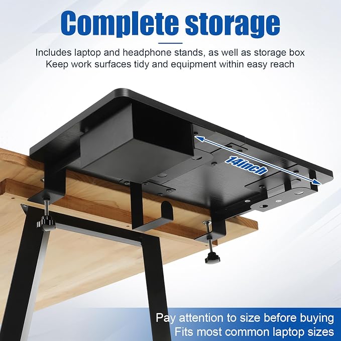 Novabright 24" x 12" Desk Extender Tray with Side Storage Rack Heavy Duty Desk Extender Under Desks Laptop Mount Keyboard Extenders for Desks with a Concealed Storage Area for Cable & Earphone (Black) - Image 5