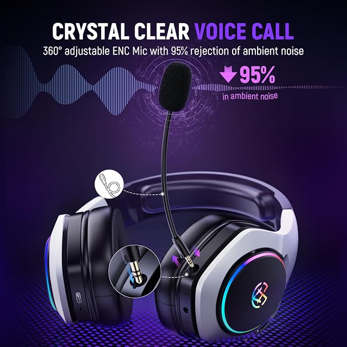 Tatybo Wireless Gaming Headset for PS5, Dual Mode, Low Latency, Black White - Image 4