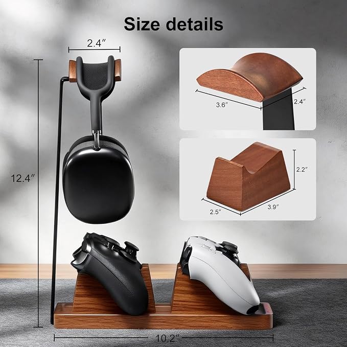 UPERGO Headphone and Headset Stand with Controller Holders for Gaming Desk | Solid Wood, Holds 2 Controllers, Storage Tray for Gaming Accessories, Compatible with PS5 and Xbox - Image 9