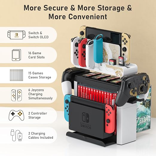 Switch Games Organizer Station with Controller Charger, Charging Dock for Nintendo Switch & OLED Joycons, Switch Mounts, Brackets & Stands for Games, the Legend of Zelda: Tears of the Kingdom Edition - Image 2