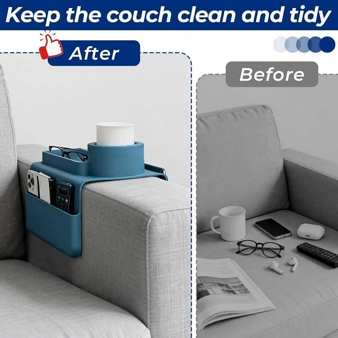 Silicone Couch Caddy Cup Holder Tray, 3-Side Sofa Armrest Organizer with Secure Gear-Shaped Locking Holder & Large Tablet Slot, Non-Slip Weighted Armchair Caddy, Couch Accessories (Blue) - Image 3