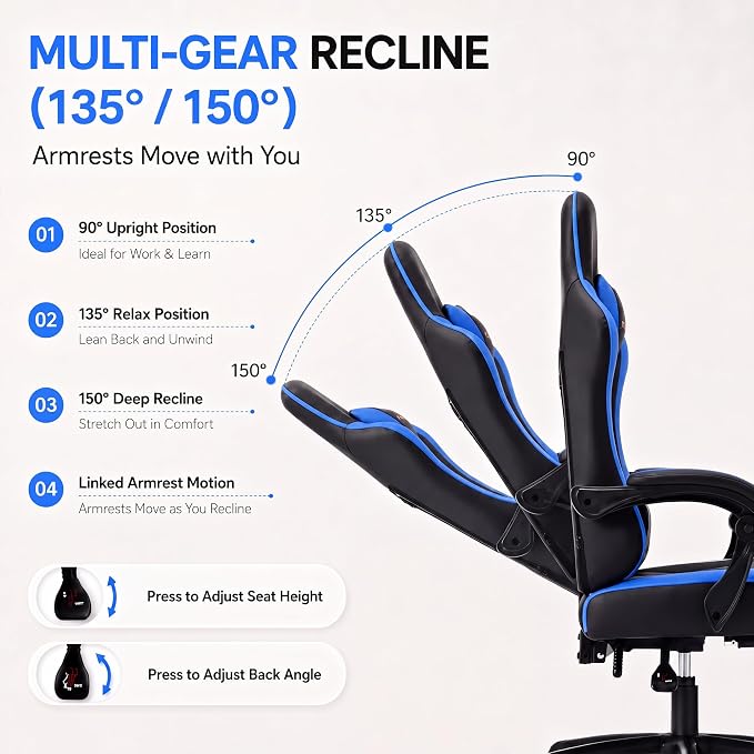 Desk Computer Gaming Chair - High Back Ergonomic Office Chair with Footrest and Lumbar Support, Swivel Comfy Home Gamer Video Game Chairs with Pocket Spring Cushion for Adults (Blue Leather) - Image 8