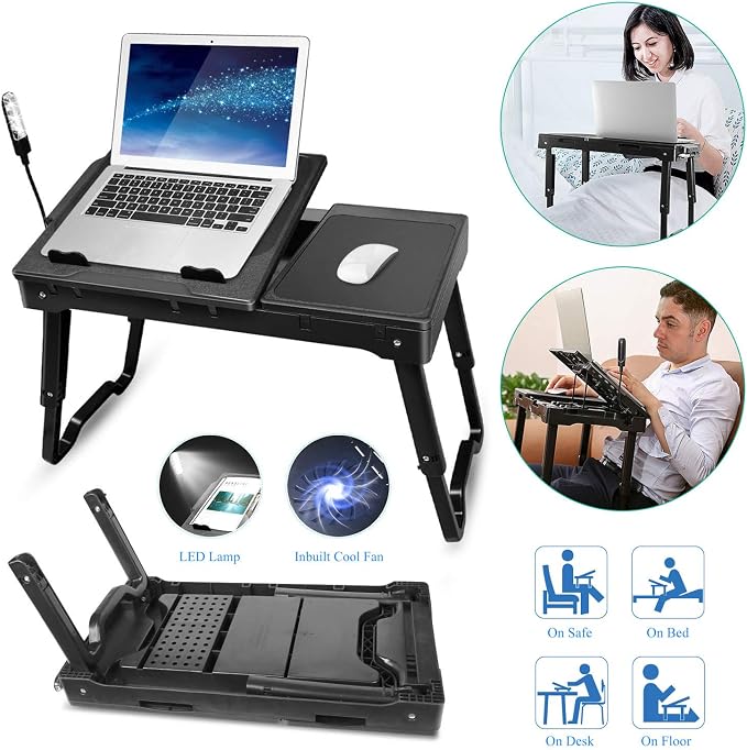 TeqHome Laptop Desk for Bed, Adjustable Table with Fan, Portable Lap Desk, Foldable Legs, Stand for Couch Sofa, Tray with LED Light, 4 USB Ports, Storage, Mouse Pad - Image 9