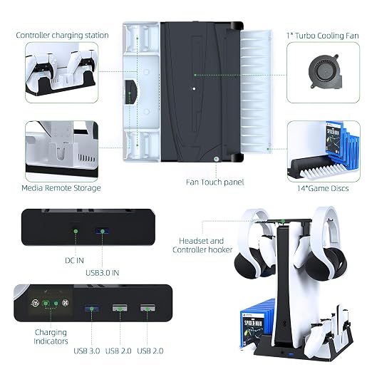 JOYTORN PS5 Vertical Stand with Cooling Fan and Dual Controller Charger Station for PlayStation 5/Slim Console, PS-5 Accessories with Headset Hooker,14 Game Rack Storage, Media Remote Organizer - Image 7