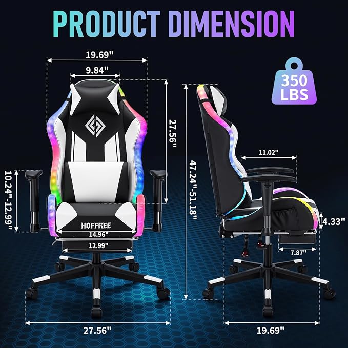 HOFFREE RGB Gaming Chair for Kids LED Computer Chair 155°Recliner-White | PC Game Chair with Lights Gamer Chair for Boys Teens 8-15 Video Game Chairs with Footrest and Lumbar Support Racing Style - Image 3