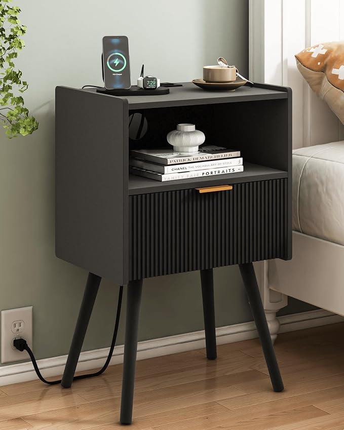 JOONEE Black Nightstand with Outlet,Modern Bedside Table with Storage Drawer and Open Wood Shelf, for Living Room, Bedroom and Small Spaces, Accent Night Stand with Solid Wood Legs, Easy Assembly by JOONEE