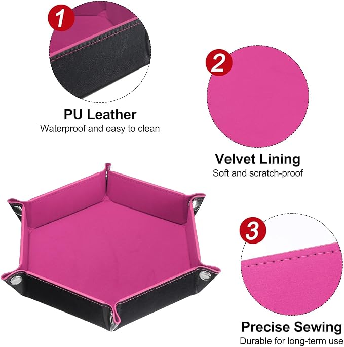 HARFINGTON PU Leather Dice Tray Unisex Valet Tray Folding Hexagon Tray Portable Entryway Table Nightstand Bedside Desk Holder for Key Wallet Watch Coin Jewelry, Pink - Image 4