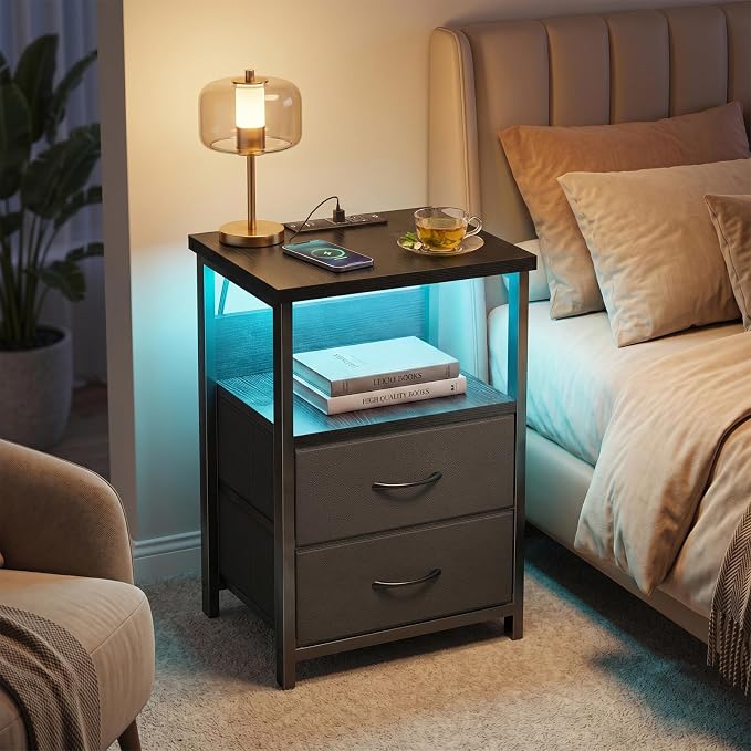 Fixwal Black Nightstands Set of 2, Led Night Stand with Charging Staion - Image 2