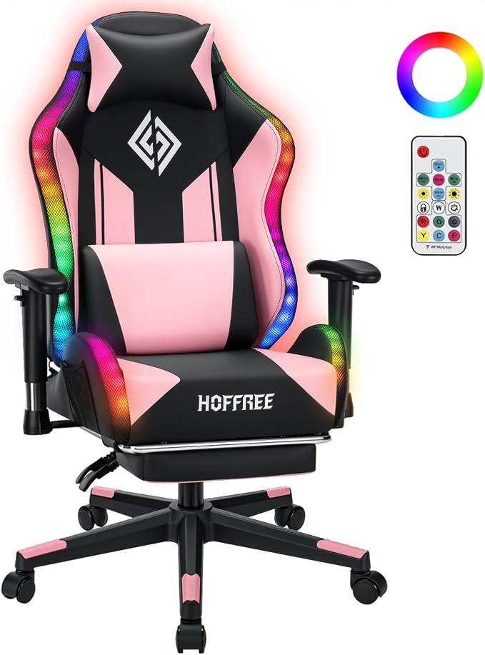 HOFFREE RGB Gaming Chair for Kids LED Computer Chair 155°Recliner-Pink | PC Game Chair with Lights Gamer Chair for Boys Teens 8-15 Video Game Chairs with Footrest and Lumbar Support Racing Style by HOFFREEOfficial