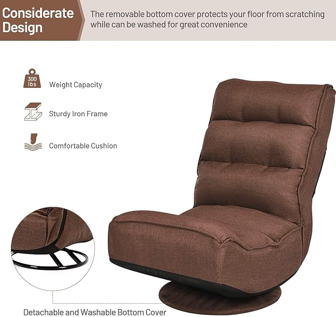 GIANTEX 360 Degree Swivel Gaming Chair, 6 Position Adjustable (Coffee) | Folding Floor Chair, 300lb Spring Support, Comfortable Padded Backrest, Lazy Sofa Chair Game Rocker for Teens Adults - Image 6