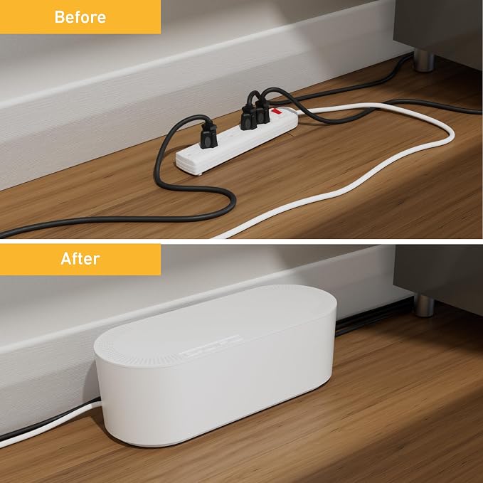 D-Line Cable Management Box, Power Strip Holder, Floor Outlet Hider, Desk Cord Organizer, Cover TV Wires, 12.75" (L) x 5" (W) x 4.5" (H), for use with Power Strips up to 10.5in Length - Small, White - Image 6