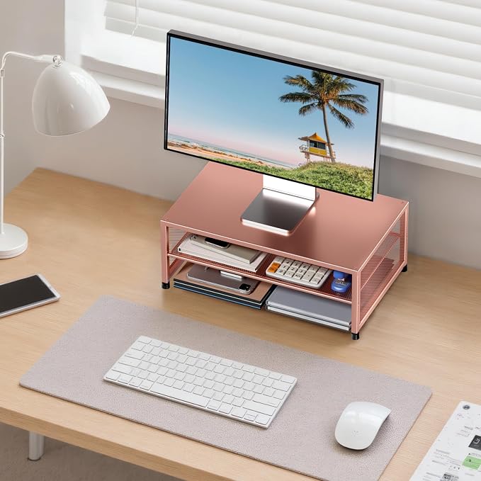 ECOLOVI 2-Tier Computer Monitor Stand Riser, Printer & Laptop Stand, Office Desk Accessories, Workspace Desk Organizer for Home Office Supplies, Rose - Image 6