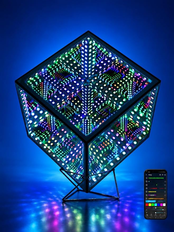 Infinity Mirror Hyper Cube Table Lamp, Desk Art Mood Light by Heepulor