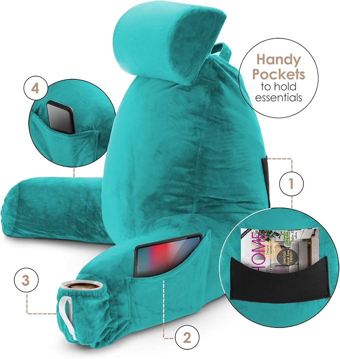 Nestl Reading Pillow with Portable Laptop Lap Desk - Shredded Memory Foam Back Support Pillow for Sitting Up in Bed and Couch Rest Pillows with Arms, Bed Tray Table with Foldable Legs, Teal - Image 6
