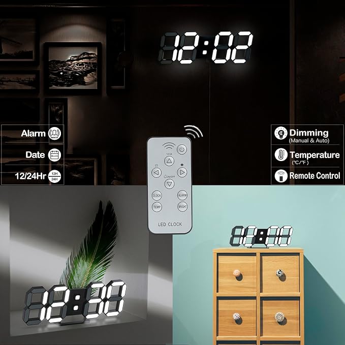 KOSUMOSU Digital Clock 3D LED Wall Clock for Living Room Decor 9.7" Alarm Clocks Black Clock Wall Decor Digital Wall Clock,Remote Control/Dimmer/Date/Temperature - Image 2