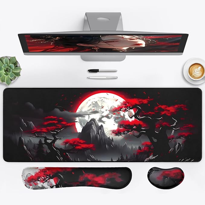 3-in-1 Large Gaming Mouse Pad Set, Anime Mouse Pad & Keyboard Wrist Rest, Memory Foam Ergonomic, Mountain Moon Scenery XL Desk Mat Set Suitable for Home Office,31.5 X 11.8 Inch by Unknown