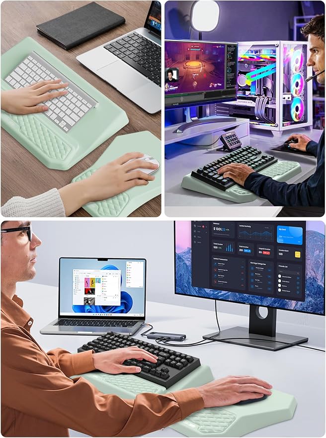3-in-1 Ergonomic Keyboard Stand with Wrist Rest & Mouse Pad Set,Light Green | Comfy Keyboard Riser Holder Soft Mousepad with Massage Design, Memory Foam and Non-Slip PU Base for Pain Relief - Image 7