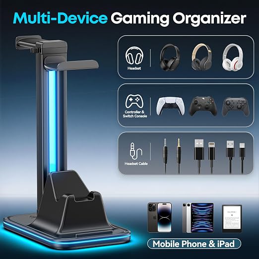 Kytok 4-in-1 Headset and Controller Stand for Desk, 360° Rotating Headphone Stand with Phone Holder, 10 RGB Modes for Accesorios de Mesa Gamer, P5/SW/Xbx Levitating Gaming Headset and Controller Stand - Image 2