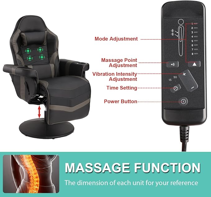 LVUYOYO Reclining Gaming Chair, Gaming Chair with Footrest and Massage, High Back PU Leather Gaming Recliner w/Adjustable Height, Swivel Game Chair with Lumbar Support, Cup Holder, Headrest - Image 6