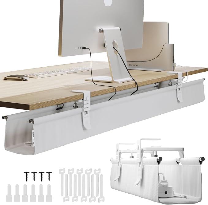 Ascrono Original No Drill Under Desk Cable Management Tray 53.9" - Premium White Fabric Cable Management Under Desk - Clamp/Screw Mount Cord Organizer - Supports Upto 66lbs - Extra Large by Ascrono
