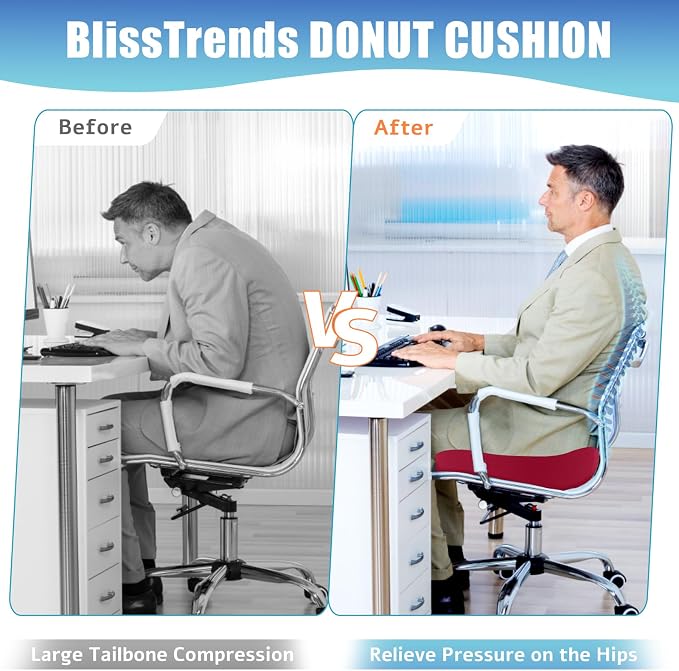 BlissTrends Donut Pillow Seat Cushion, Memory Foam Lifting Cushions | Donut Chair Cushions for Postpartum Pregnancy&Hemorrhoids,Tailbone Pain Relief Cushion for Office&Home Chairs(XX-Large, Red) - Image 5
