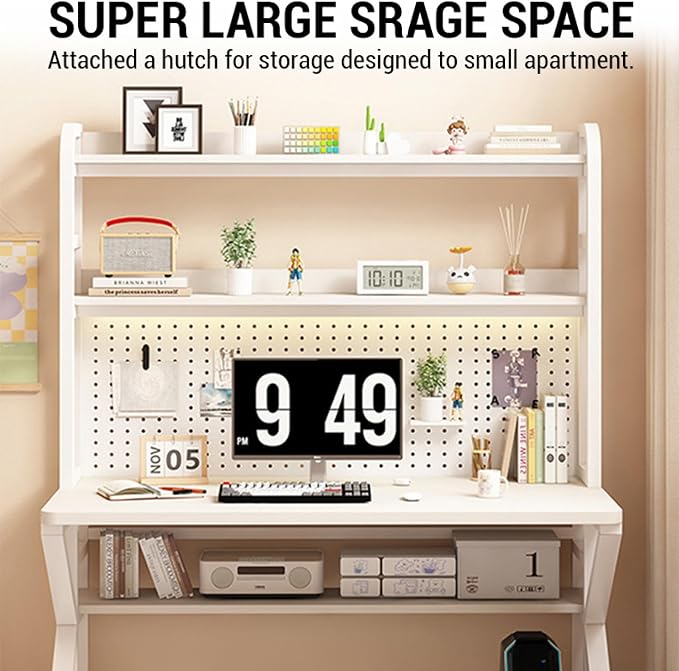 Gaming Desk with Pegboard, Industrial Gaming Desk PC Desk with Storage Shelves, Large Study Writing Workstation Table for Home Office(80x60x171cm, Oak) - Image 3