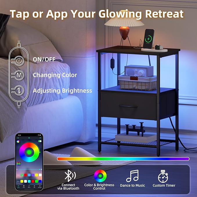 Somdot Nightstand with Charging Station & LED Light, Bedroom Bedside Table - Image 4