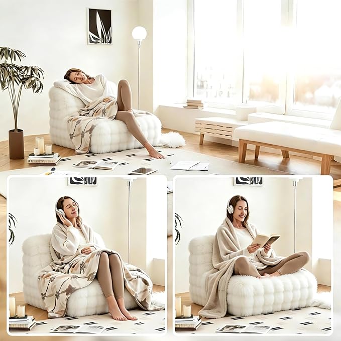 Cozy Memory Foam Faux Fur Floor Bean Bag Chair, White | Soft fluffy faux fur exterior, memory foam padded bean bag, versatile lounge seat for bedroom decor & leisure use - Image 5