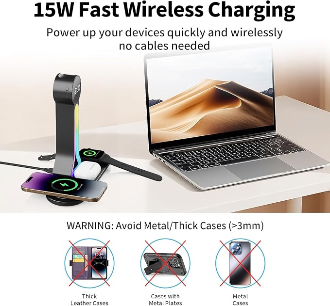 Transform Your Desk – 3-in-1 Wireless Charging Station with Headphone Stand, Dual USB Ports, 15W Fast Charger for Phone/A-irPods/A-pple Watch, RGB Light, LED Alarm Clock – Charge 5 Devices at Once - Image 3