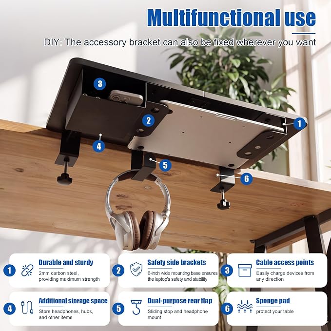 Novabright 24" x 12" Desk Extender Tray with Side Storage Rack Heavy Duty Desk Extender Under Desks Laptop Mount Keyboard Extenders for Desks with a Concealed Storage Area for Cable & Earphone (Black) - Image 7