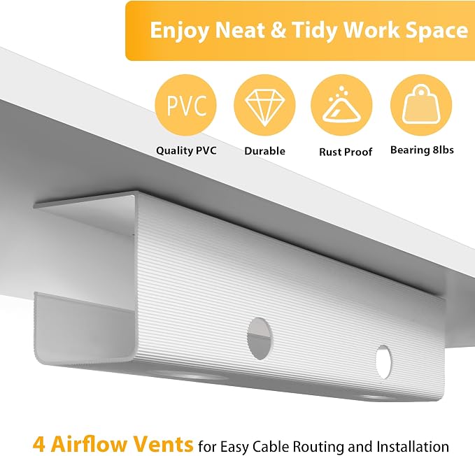 ZhiYo 2 Pack Large Capacity Cable Management Tray, Under Desk Cable Tray 31.5in(2X L15.7in), PVC Standing Desk Cord Management Ideas, Cable Organizer for Office and Home - White - Image 5