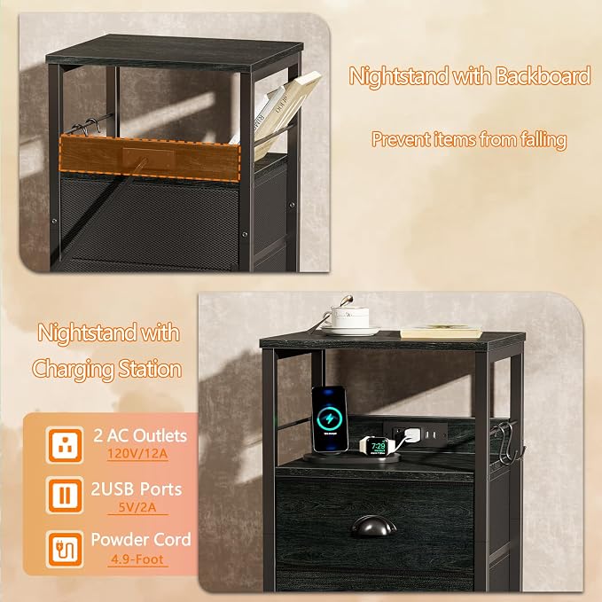 Furologee Nightstand Set of 2, Black Oak, with Charging Station and USB Ports, Side Tables with 2 Fabric Drawers, Bedside Tables with Storage Shelf & Hooks, for Living Room/Bedroom - Image 5