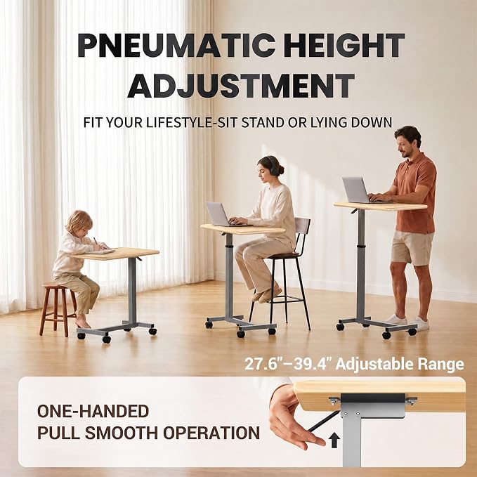 WOTURE Pneumatic Adjustable Overbed Bedside Table with Wheels - Hospital & Home Use, Medical Bed Table, Mobile Standing Desk, Rolling Laptop Cart, Non Tilt Surface(23.6" L x 15.7" W, Maple) - Image 3
