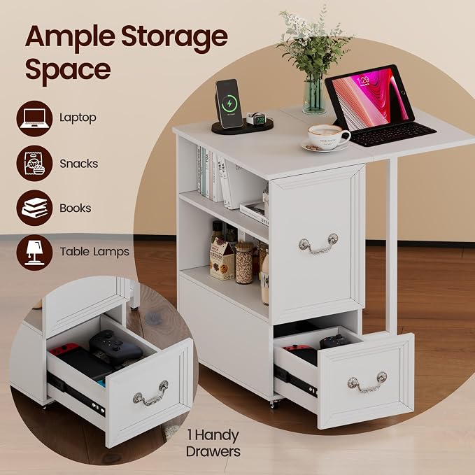 Dystler Rolling Side Table on Wheels, with Drawers & LED Lights Charging - Image 5