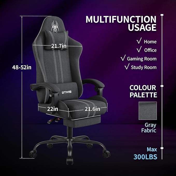 SITMOD Big Tall Fabric Gaming Chair with Footrest, Reclining Computer Chair | Breathable Fabric, Pocket Spring Cushion, High Back Support & Lumbar Pillow Deliver Lasting Comfort For Gaming, Work & Relax - Image 3