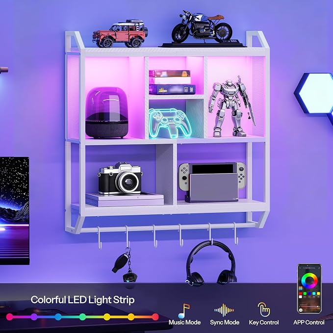 HOOBRO Gaming Floating Shelves with LED Lights, 28.7" LED Wall Mounted Shelf, 3-Tier Display Rack for Wall Storage, Floating Rack with Hanging Rod and 6 S-Hooks, for Gaming Room, White WT70DBJ01 - Image 4