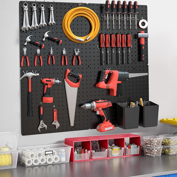 FZK Plastic Pegboard Wall Organizer Kit, 12x12, 4 Pack, Black | Durable ABS material, compatible with 1/4"and 1/8" pegboad accessories, includes adhesive or drill installation accessories - Image 7