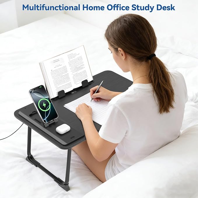 Lap Desk Bed Table with Wireless Charger - Foldable Large Laptop Tray with Tablet Slot and Book Shelf, No Assembly Table for Couch Chair Floor for Sturdy, Writing, Studying Eating, and WFH - Image 2