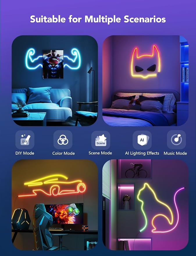 Govee RGBIC Neon Lights, LED Smart Neon Rope Light 2 Works with Matter, Alexa, Google Assistant, Custom DIY Neon Strip Lights for Bedroom and Wall Decor, Softer Material, 16.4ft, White (Pack of 2) - Image 5