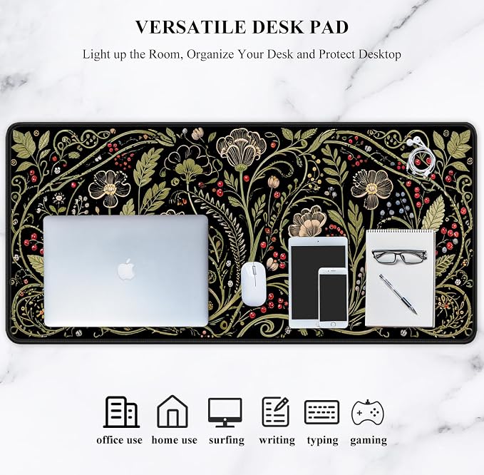 Auhoahsil Desk Mat, Ultra Large Mouse Pad, XXL Gaming Mousepad, Pretty Desk Pad, Big Extended Full Size Desktop Desk Matt for Keyboard, Laptop & Computer, 35.5 x 15.7 in, European Vintage Flowers - Image 7