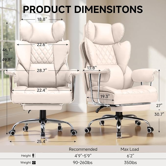 COMHOMA Big and Tall Office Chair, High Back Leather Gaming Chair with Footrest, Executive Ergonomic Office Chairs with Pocket Spring Lumbar Support and with Outward Fixed Soft Armrests - Image 3