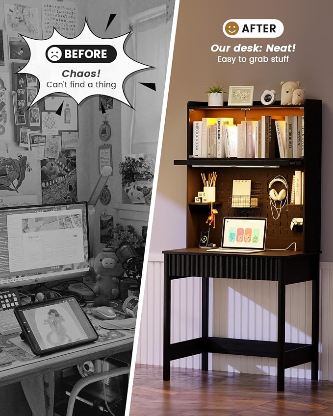 HNEBC Black Computer Desk - with Power Outlets & Chariging Station,Small Writing Desk with Hutch and Drawers,66.3''H Office Desk with Pull-Out LED Lights,Pop-up Glass Door,Pegboards,Bedroom - Image 6