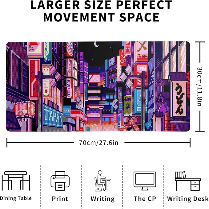 Dark Purple Japanese Gaming Mouse Pad Abstract Anime Mat 27.6x11.8 Inch Tokyo Pixel Street Texture Non-Slip Rubber Base Kawaii Mousepad Stitched Edges Keyboard Desk Pad for Office and Home Game - Image 2