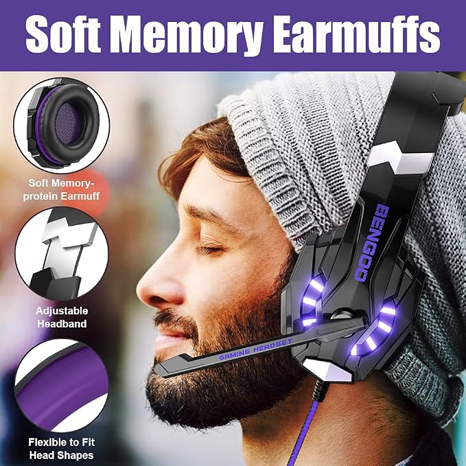 BENGOO G9000 Stereo Gaming Headset for PS5, PS4, PC, Xbox One Controller, Noise Cancelling Over Ear Headphones with Mic, LED Light, Bass Surround, Soft Memory Earmuffs - Purple - Image 3