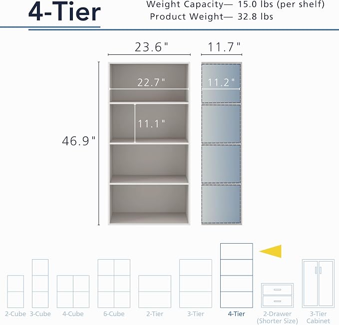 Homes: Inside + Out Apexa 4-Tier Cube Storage Organizer Shelves, Stackable Wood Bookcase Fits Cubby Bins for Organization, Dorm Teen Room Decor & Home Office, Taupe Grey - Image 3