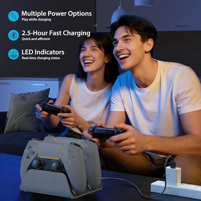 PS5 Controller Charger Station with LED Indicator,Self-Aligning Charging Dock,Dual Controller Fast Charging Dock,Desktop Display Stand for PlayStation 5 (Grey) - Image 7