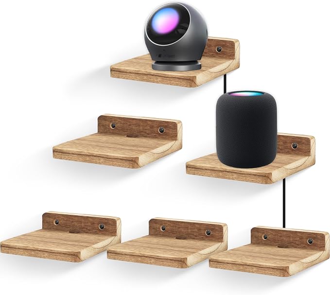 Small Floating Shelf for Wall,5 Inch Wooden Wall shelf Set of 6,Mini Speaker, Baby Monitor,Cameras，Figurines Display Stand, for Bedroom, Gaming Room, Living Room, Bathroom(Carbonized Black) by Unknown