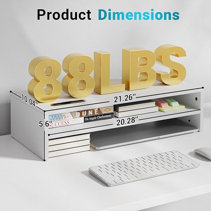BONTEC Wood Monitor Stand Riser, 2-Tier Desktop Organizer | Ergonomic Computer Stand for Desk, Cable Management, Cellphone Holder, 21.3 Inch Shelf, White - Image 5