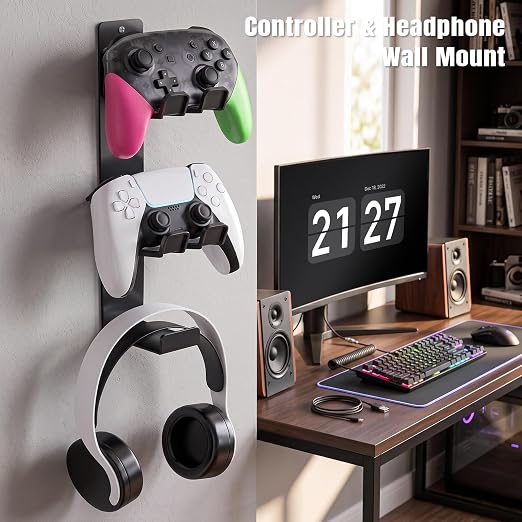 ZYTHRONE Dual Controller Holder Wall Mount, Metal Headset Stand for PS5, PS4, with Adhesive or Screws, Strong Adhesive by Screws, Black - Image 7