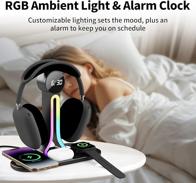 Transform Your Desk – 3-in-1 Wireless Charging Station with Headphone Stand, Dual USB Ports, 15W Fast Charger for Phone/A-irPods/A-pple Watch, RGB Light, LED Alarm Clock – Charge 5 Devices at Once - Image 4